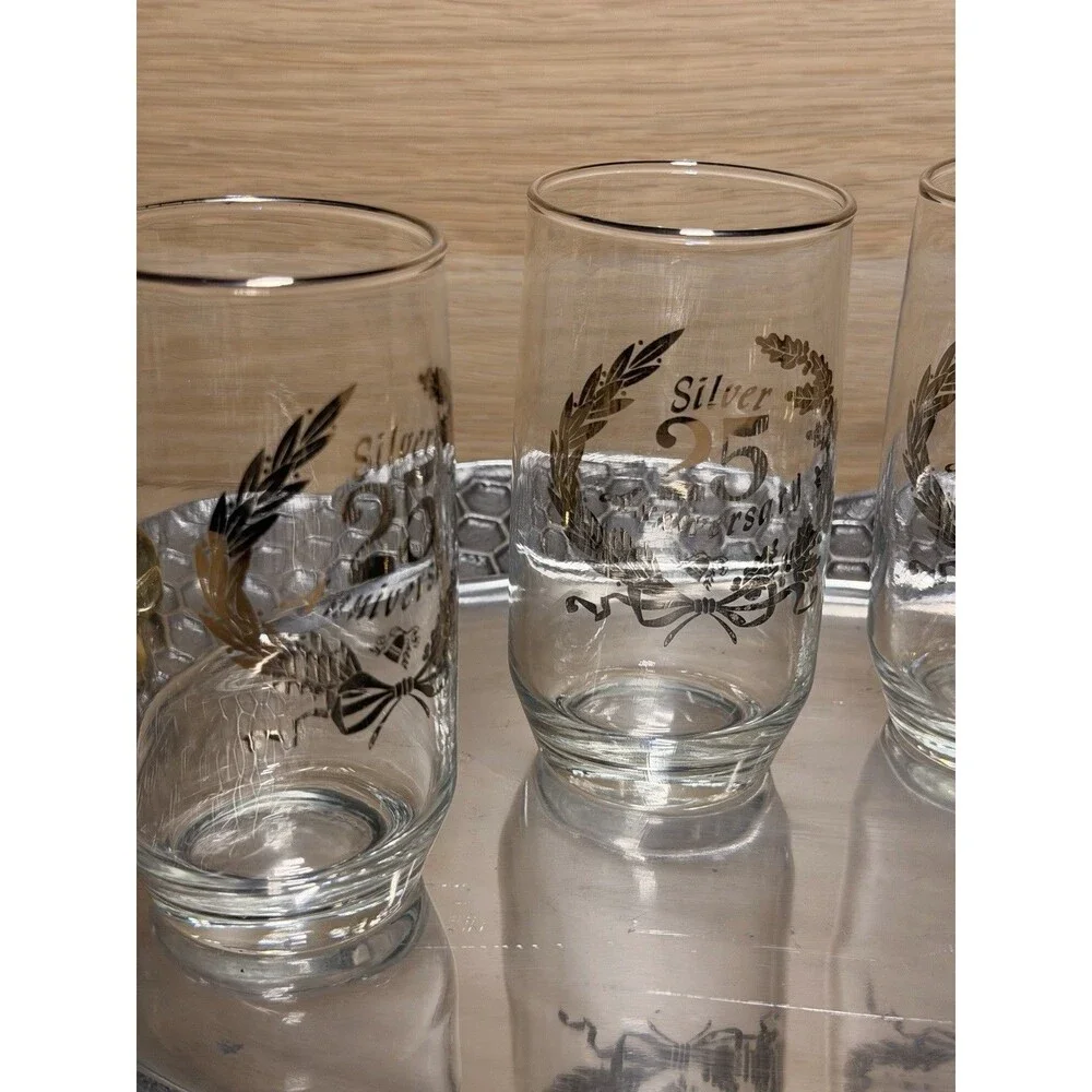 Vintage Glass Silver 25th Anniversary Set of 4 Drinking Glasses 5”